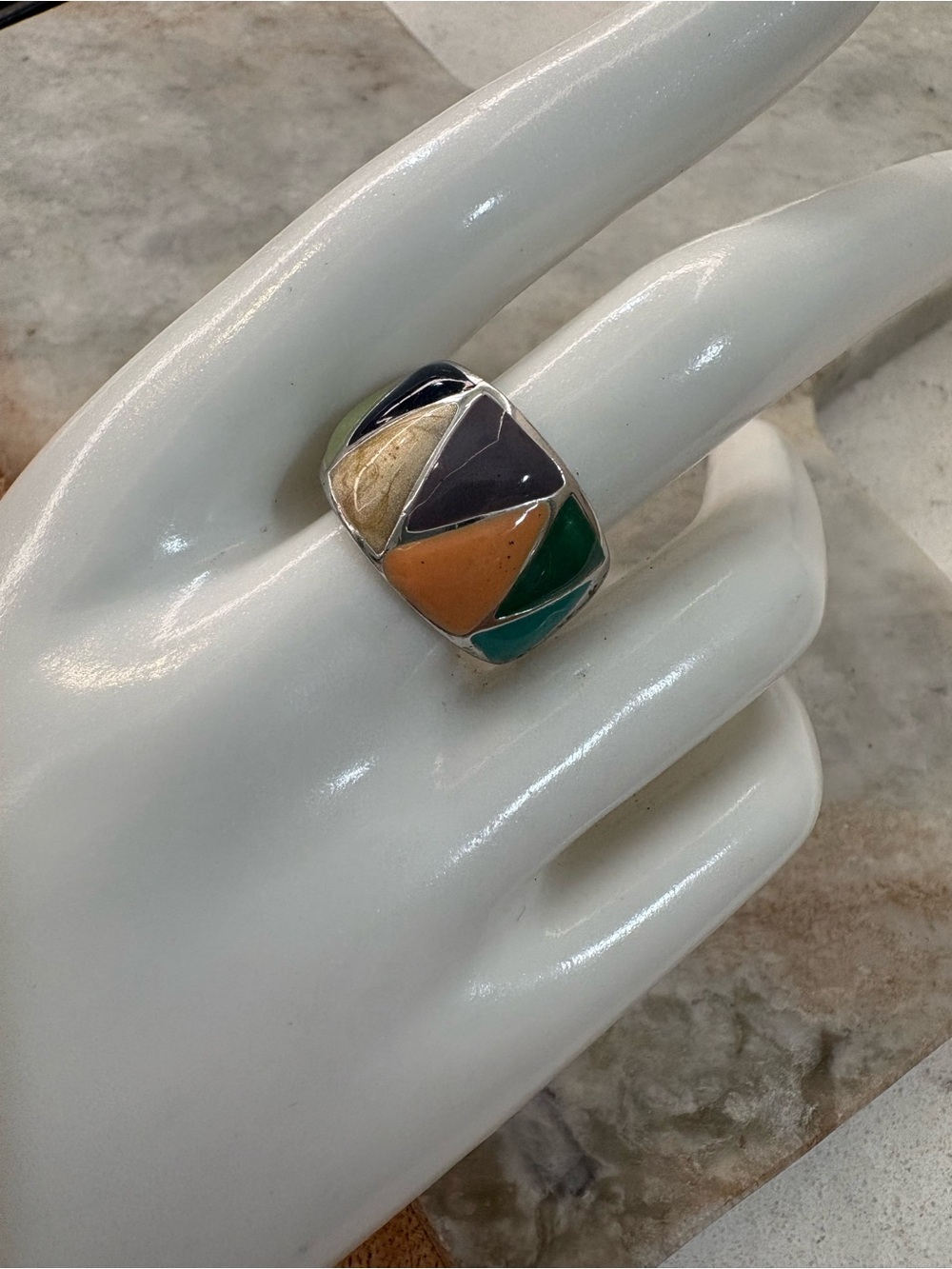 Multicolor Geometric Inlay Ring Green, Orange, Cream, Blue, Purple - Size 8.5